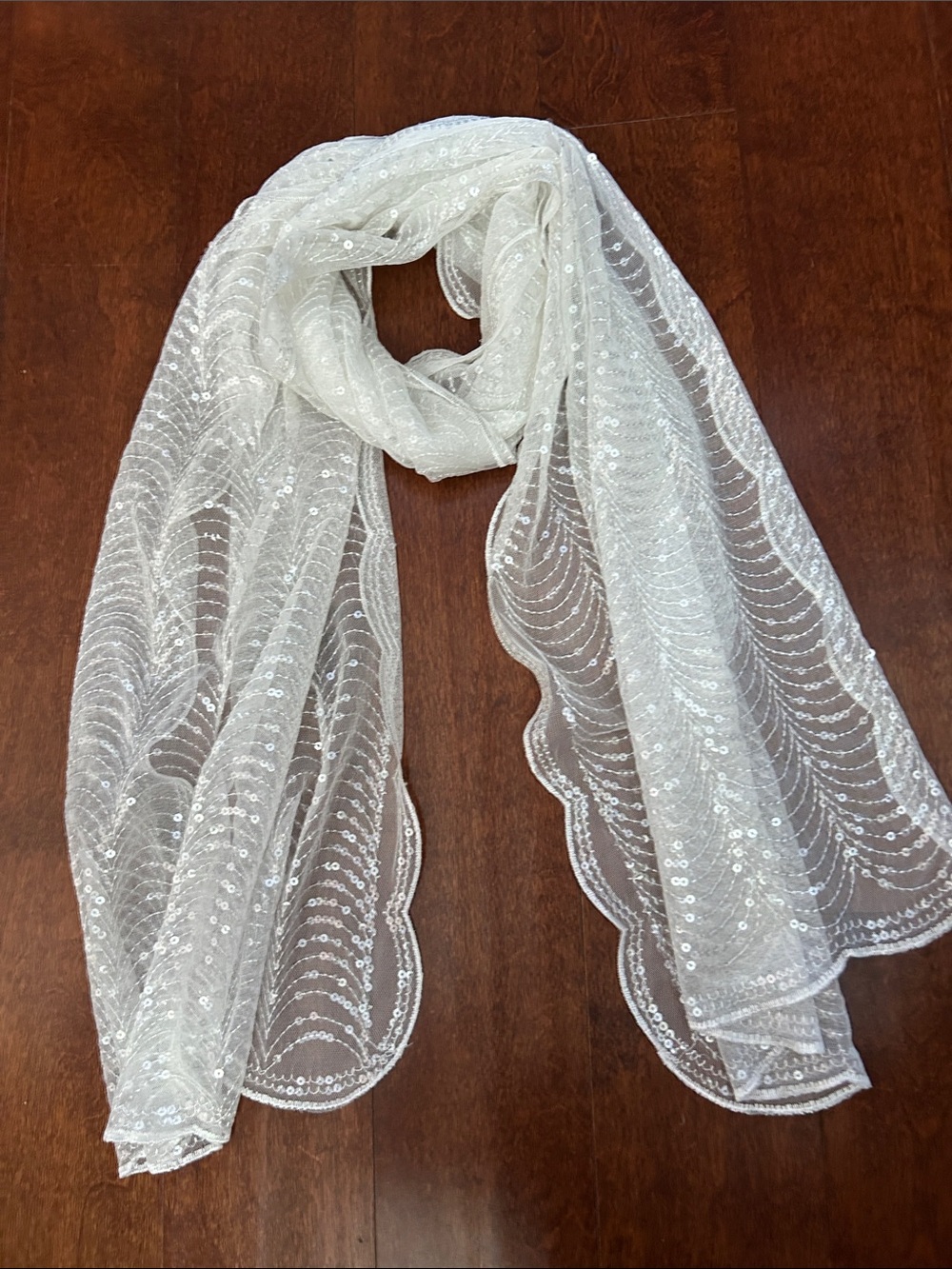 Cejon White Scalloped Sequin Shrug Scarf, Add Shimmer to Your Neck or Shoulders
